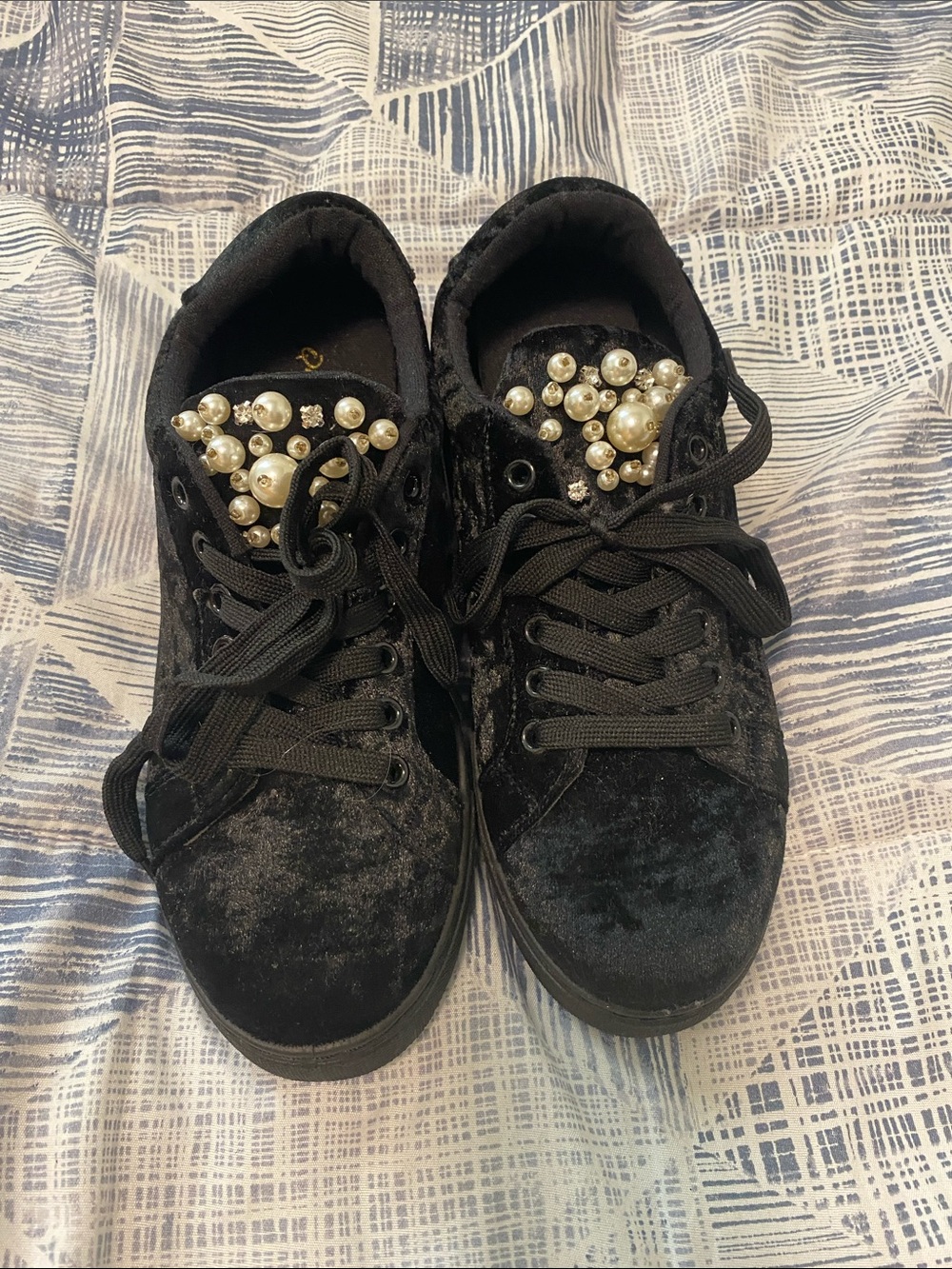 Qupid Black Velvet Sneakers with Pearl Accents